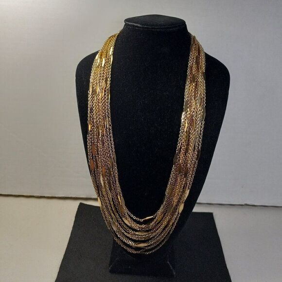 Vintage Monet 14 Strand Gold tone Metal Chain Diamond shapes Design Necklace - Picture 1 of 9